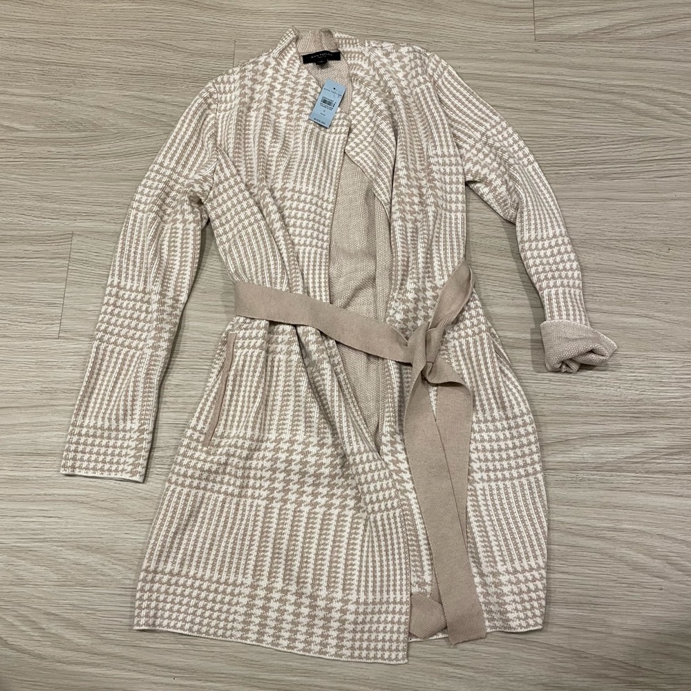 NWT Ann Taylor Beige Houndstooth Long Wrap Cardigan Size Small Petite